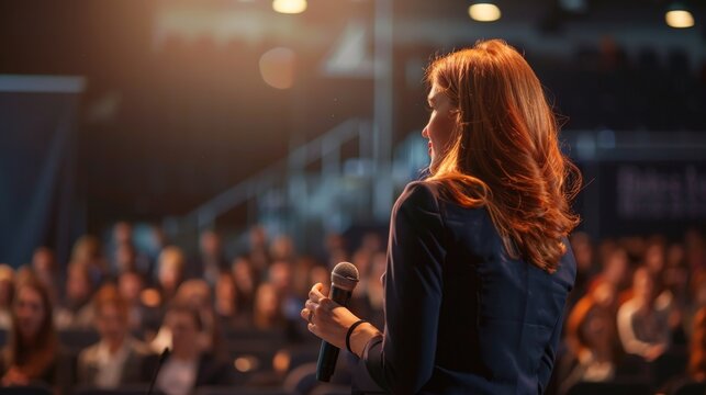 Confident red haired businesswoman keynoting insights to diverse audience at conference