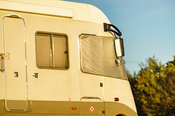 Caravan with thermal screen blind outdoors