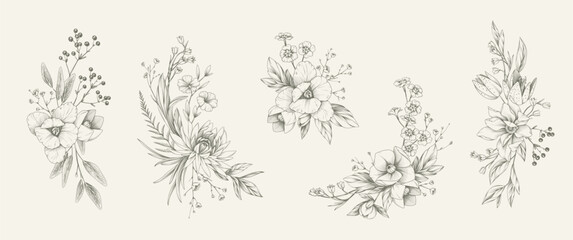 Detailed various flowers and foliage in boutonniere or bouquet, intricate details and delicate forms. Hand drawn vector decoration for wedding invitation, save the date card