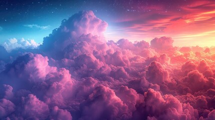 Dreamy Pink and Purple Cloudscape at Sunset
Vibrant cloudscape with pink and purple hues, set against a twilight sky with stars, creating a dreamy and ethereal atmosphere.
