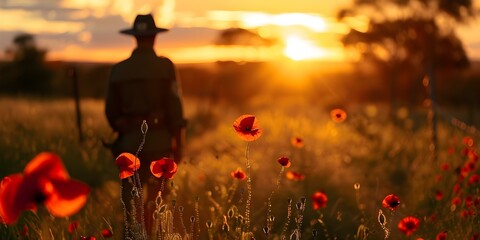 Honoring ANZAC Remembrance Day Soldier in Solitude with Red Poppy at Dawn. Concept Remembrance Day, ANZAC, Soldier, Red Poppy, Dawn, Solitude
