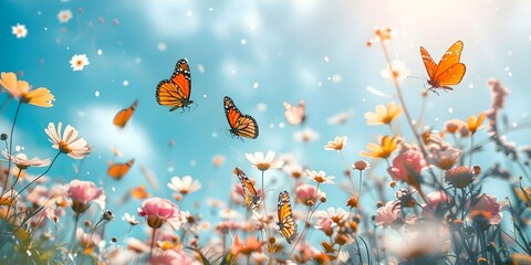 Butterflies gracefully fluttering amidst blooming flowers against a backdrop of a blue sky. Concept Butterfly Garden, Blooming Flowers, Blue Sky, Nature Photography, Serene Atmosphere