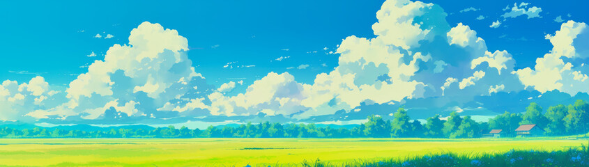 Fototapeta premium anime banner with a green meadow in front of blue cloudy sky