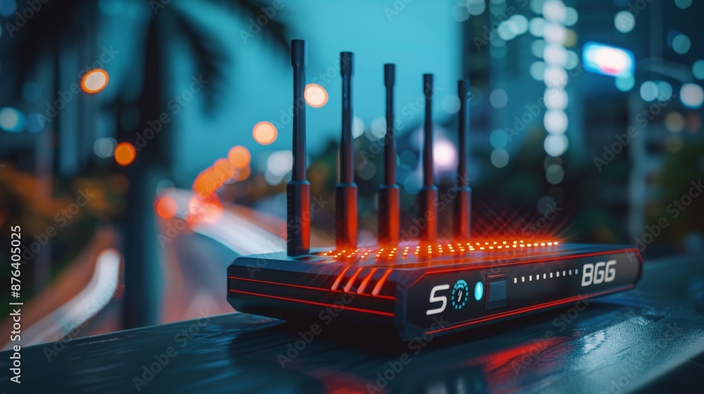 Poster 5g home router secure network high speed internet technology in wide banner with copy space