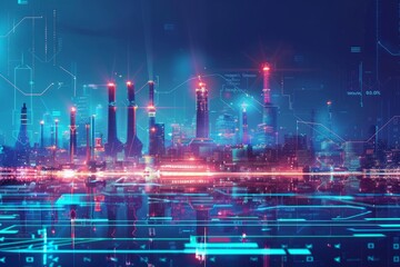 Obraz premium Oil and gas refinery with storage tanks and price demand chart hologram for petrochemical facility