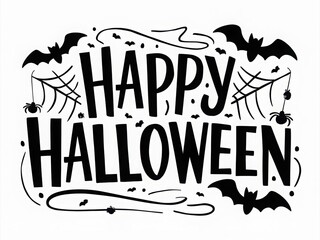 Obraz premium Happy Halloween lettering. Handwritten calligraphy with spider web and bats for greeting cards, posters, banners, flyers and invitations. Happy Halloween text, holiday background