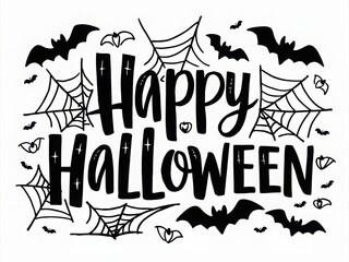 Obraz premium Happy Halloween lettering. Handwritten calligraphy with spider web and bats for greeting cards, posters, banners, flyers and invitations. Happy Halloween text, holiday background