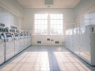 A large room with many white washers and dryers. The room is very clean and bright