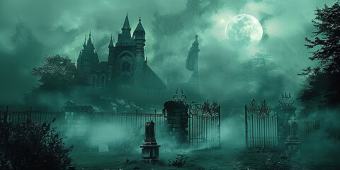 .Horror halloween haunted house in creepy night forest.
