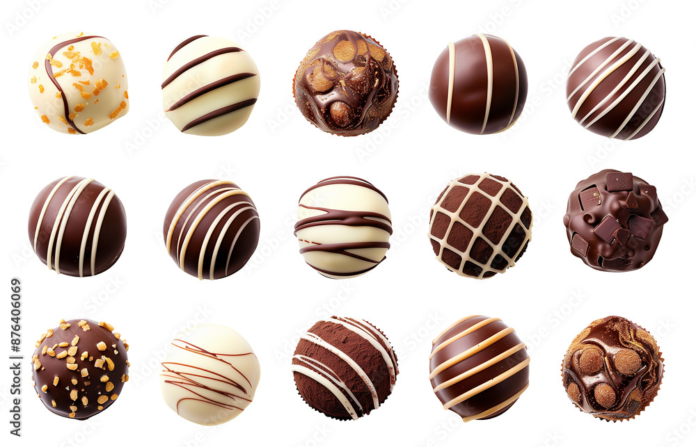 Wall mural Collection set of chocolate truffles, pralines isolated on transparent background, png