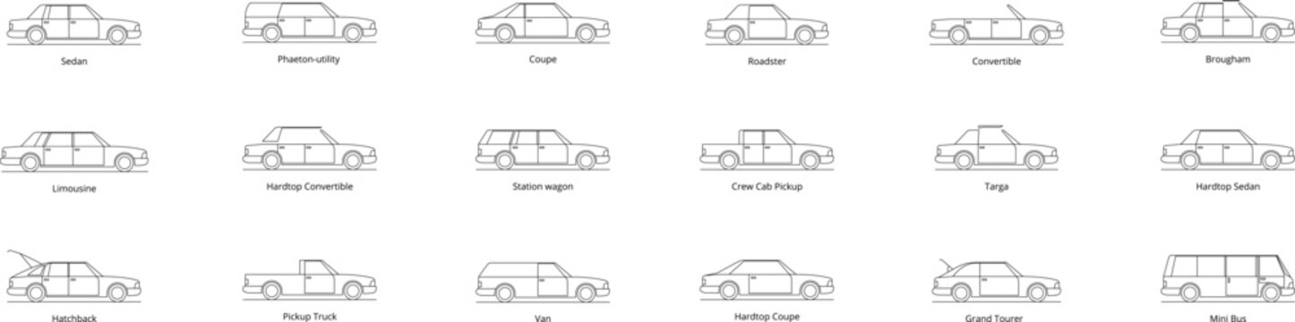 Car body types. Passenger car bodies. Classification of cars by body type. Types of bodies. Guide to Car Body Types And Car Shapes - Types of car body. Vector illustration.