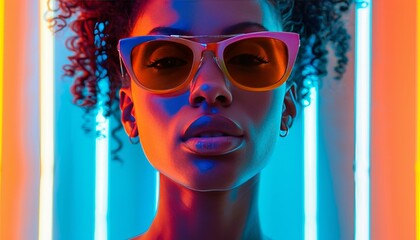 Confident young woman in stylish sunglasses posing elegantly against vibrant neon lights