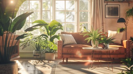Cozy living room with modern furniture and plants light color design generative ai