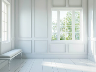 Obraz premium A white room with a bench and two windows. The room is empty and has a clean, minimalist look