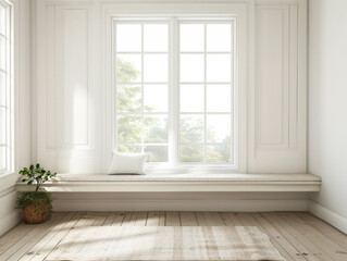 Fototapeta premium A white room with a window and a bench. The bench is empty and there is a plant on it. The room is very clean and empty, giving off a sense of calm and serenity