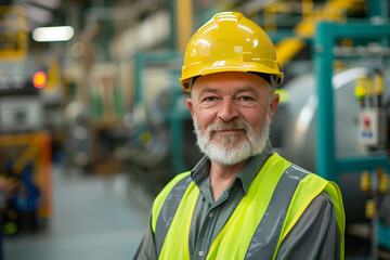 Portrait of a Confident Middle-Aged Male Factory Worker with a Warm Smile, Wearing a Safety Helmet and High Visibility Vest in an Industrial Setting