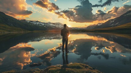 A person stands on a small grassy knoll surrounded by a tranquil lake at sunset. The individual is facing the mountains in the distance, with the sun setting behind the peaks, casting a warm, golden g