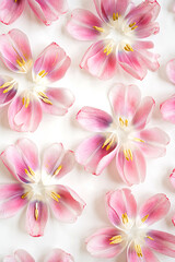Fototapeta premium Delicate pink and white tulip petals with vibrant yellow stamens, arranged on a pristine white background. Soft pastel colors and gentle tones
