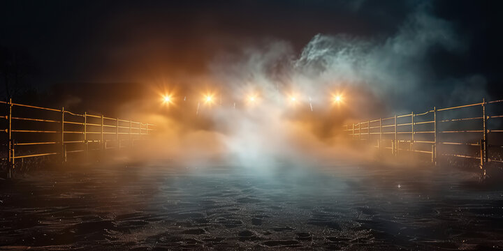 Desolate rodeo arena illuminated by bright lights and lingering smoke. Concept Rodeo Arena, Bright Lights, Smoke, Desolate Setting
