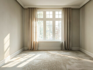Obraz premium A large room with a window and white curtains. The room is empty and has a clean, minimalist look
