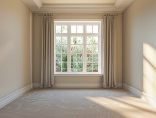 Fototapeta premium A room with a large window and white curtains. The room is empty and has a clean, minimalist look