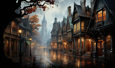 A street in a medieval town on a cloudy autumn day.