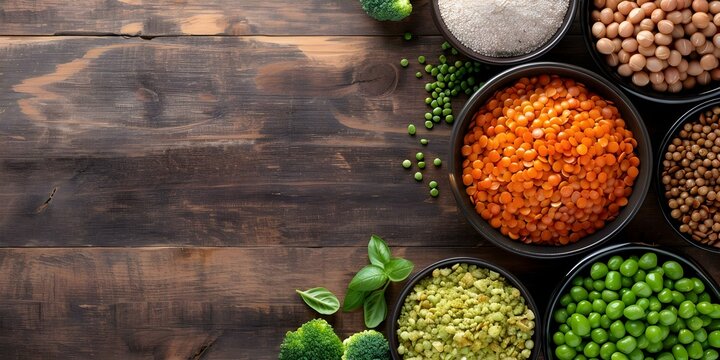 Vibrant display of plant-based foods arranged on a wooden surface. Concept Food Styling, Plant-based Cuisine, Wooden Background, Vibrant Colors, Artful Arrangement