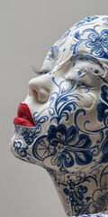 a woman made out of porcelain, in the style of balanced symmetry, white and blue, detailed facial features, side view, red lipstick, organic forms, meticulous portraiture, complex patterns, striking
