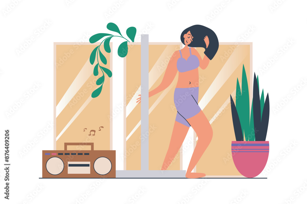 Poster strip dance web concept with people scene in flat design. woman doing sensual pole dance training an
