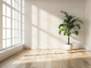 A large potted plant sits in the middle of a bare, empty room with large windows letting in sunlight. The room is large and open, with a wooden floor and white walls