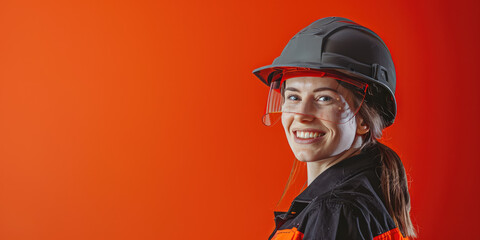 Obraz premium A construction worker woman in a helmet smiling on colored background with copy space. Young Builder in uniform banner template.