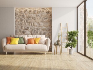 White living room with sofa. Scandinavian interior design. 3D illustration