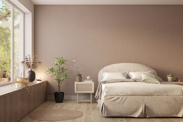 Pink bedroom concept. Scandinavian interior design. 3D illustration