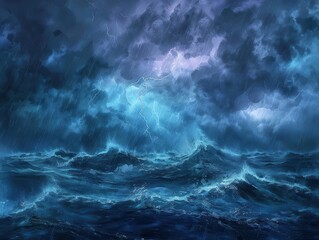 An anxious stormy sky over a choppy sea, dark clouds swirling and lightning piercing through