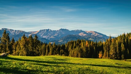 Green mountain landscape blue sky