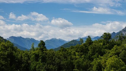 Green mountain landscape blue sky