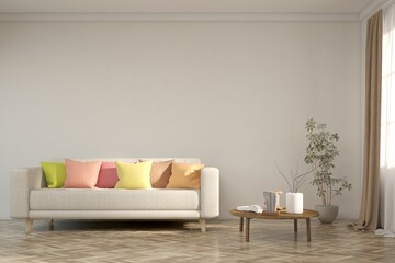 White living room with sofa. Scandinavian interior design. 3D illustration