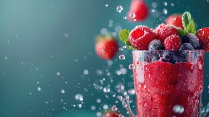 Red summer fruits and berries blended into a refreshing smoothie by girl with a green backdrop