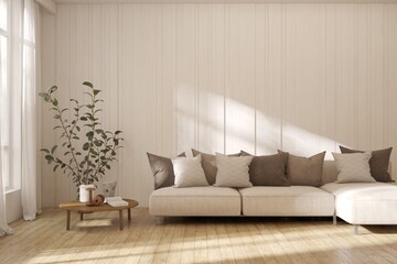 White living room with sofa. Scandinavian interior design. 3D illustration © AntonSh