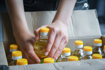 many bottles of sunflower oil background