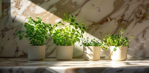 Fresh Herbs Growing in White Pots on a Marble Kitchen Countertop in the Morning Sunlight