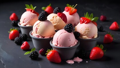 Obraz premium Fruit ice cream with raspberries, strawberries and blackberries on dark slate background