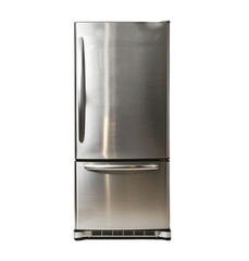 A stainless steel refrigerator on isolated transparent background