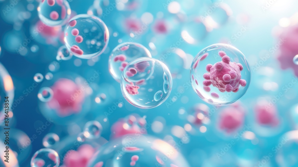Poster microscopic view of floating pink and blue cells in a molecular structure