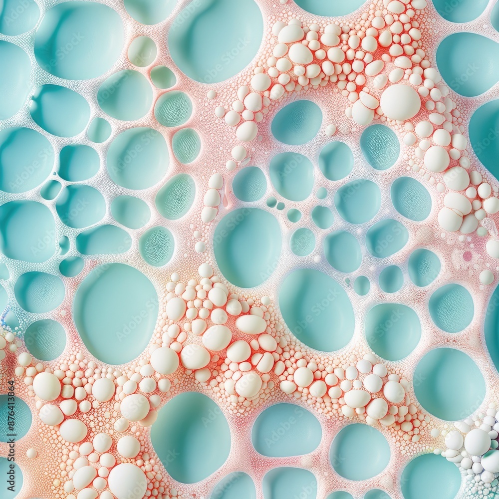 Poster microscopic abstract view of pink and blue cells with bubbles in molecular structure