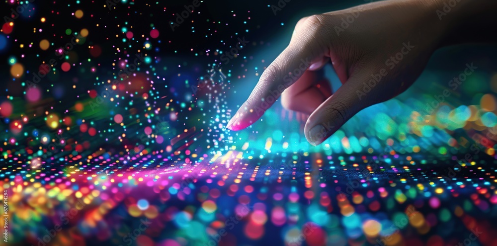 Poster Fingertip Interacting with Futuristic Digital Interface of Colorful Glowing Particles