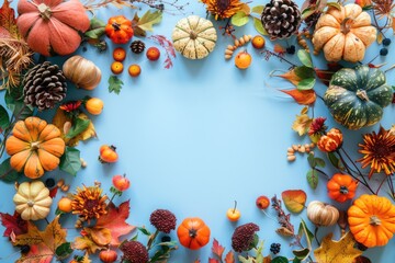 Fototapeta premium Autumn harvest frame with pumpkins and colorful leaves on blue background with copy space. Thanksgiving day concept