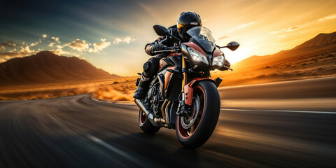 Naklejka premium A motorcyclist riding a sports bike on a curving road through a desert landscape