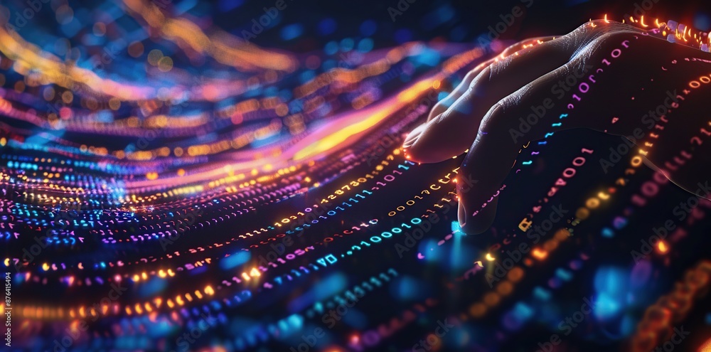 Poster Hand touching Interacting with Colorful Digital Data Stream