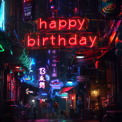 happy birthday tokyo streets red purple blue green neon lights signs night
